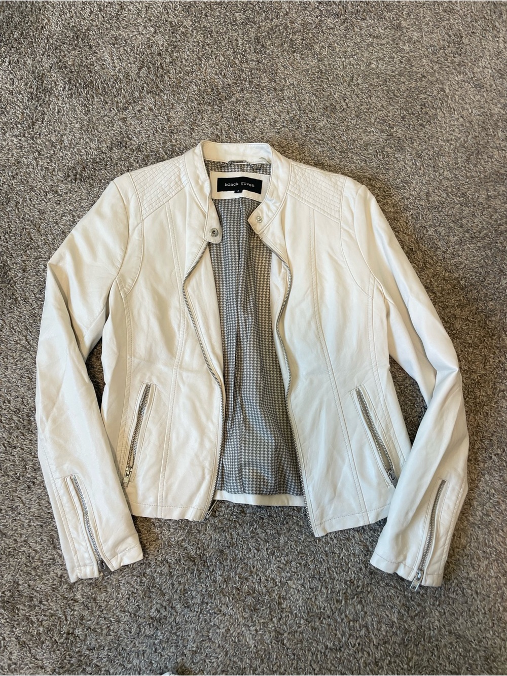 Black Rivet Leather Moto Jacket with Quilted Shoulders